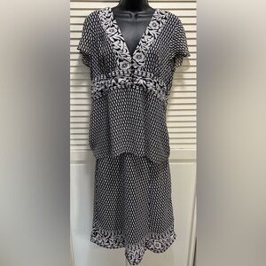 Notations Black/White Chiffon Blouse & Skirt Outfit Lined Floral Geo Size M/L